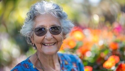 Wall Mural - a woman with sunglasses smiling in front of flowers in a garden area