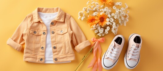 Aufkleber - Baby sneakers Set of baby clothes and accessories for spring or autumn Fashion kids outfit Flat lay top view. Creative banner. Copyspace image