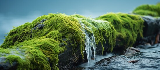 Poster - Spectacular picture of sea water tapping green stone trough. Creative banner. Copyspace image