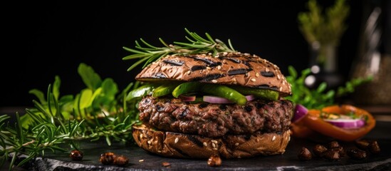 Aufkleber - Grilled burger cutlet with rosemary and salad leaves. Creative banner. Copyspace image