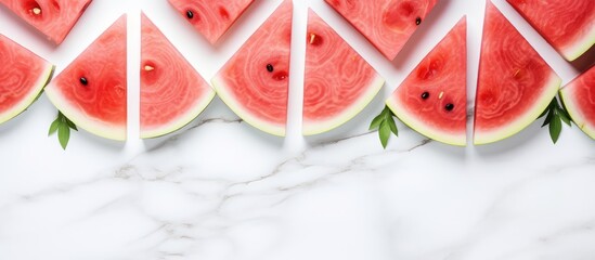 Poster - Sliced watermelon on white marble background. Creative banner. Copyspace image