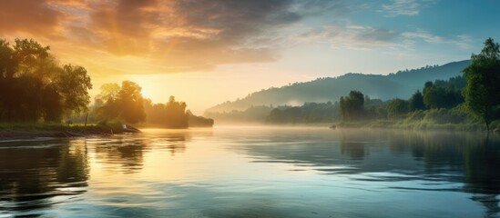 Poster - Sunrise on the river peace and tranquility of nature fishing trip High quality photo. Creative banner. Copyspace image