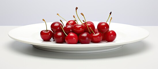 Poster - fresh cherries on white plate. Creative banner. Copyspace image