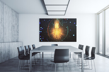 Poster - Creative idea concept with light bulb and microcircuit illustration on presentation screen in a modern conference room. Neural networks and machine learning concept. 3D Rendering