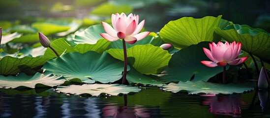Poster - pink lotus and green lotus leaves in the canal. Creative banner. Copyspace image
