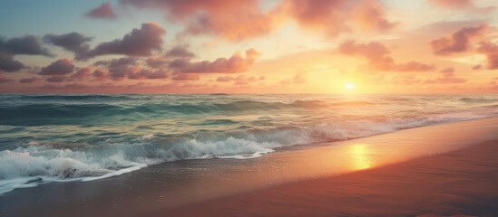 Poster - seascape with sandy beach at sunset. Creative banner. Copyspace image