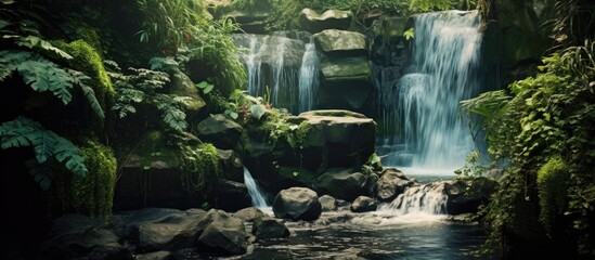 Aufkleber - Close up of decorated waterfall in the garden. Creative banner. Copyspace image