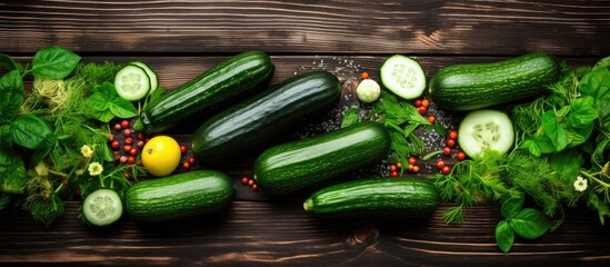 Poster - Raw zucchini and cucumbers with different seeds on the wooden background top view. Creative banner. Copyspace image