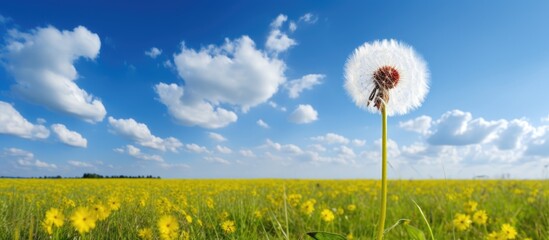 Poster - One yellow dandelion in meadow with blue sky and cloud. Creative banner. Copyspace image