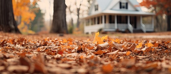 Poster - fallen old leaves fell in front of the house. Creative banner. Copyspace image