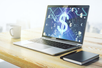 Poster - Modern computer monitor with creative USD symbols hologram. Banking and investing concept. 3D Rendering