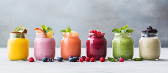 Aufkleber - Fruit smoothies in jars with ingredients Healthy detox and diet food concept. Creative banner. Copyspace image