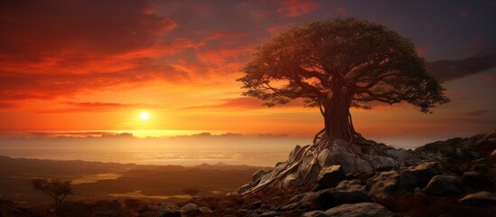 Wall Mural - old tree at sunset. Creative banner. Copyspace image