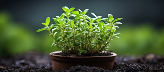 Aufkleber - bush organic thyme in a pot for seedlings on a dark background selective focus closeup. Creative banner. Copyspace image