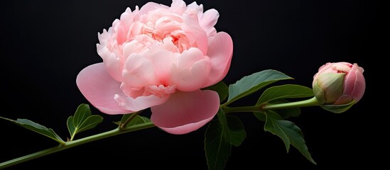 Poster - delicate pink peony bud in big bouquet Light shines on petals Celebration concept Greeting card for birthday valentines day womans day anniversary. Creative banner. Copyspace image