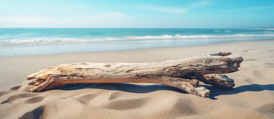 Wall Mural - Dry piece of wood on sandy beach Wood on the seashore Sea background. Creative banner. Copyspace image