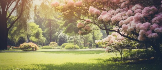 Aufkleber - Beautiful blurred defocused effect bokeh on the garden trees in summer time with vintage filter. Creative banner. Copyspace image
