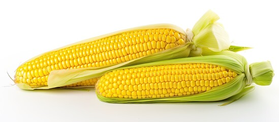 Aufkleber - Fresh yellow corn cobs isolated on white background Fresh vegetables. Creative banner. Copyspace image