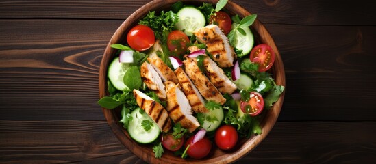 Poster - Fresh delicious salad with chicken tomato cucumber onions and greens with olive oil Summer menu salads. Creative banner. Copyspace image