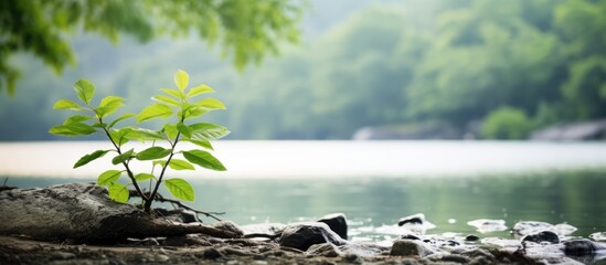 Aufkleber - A plant in the foreground hides a small hidden beach on the river. Creative banner. Copyspace image