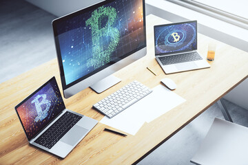 Poster - Modern computer monitor with creative Bitcoin symbol. Cryptocurrency concept. 3D Rendering
