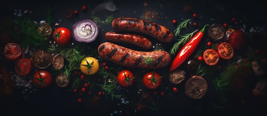 Poster - sausages and a variety of grilled vegetables on a black cement background. Creative banner. Copyspace image