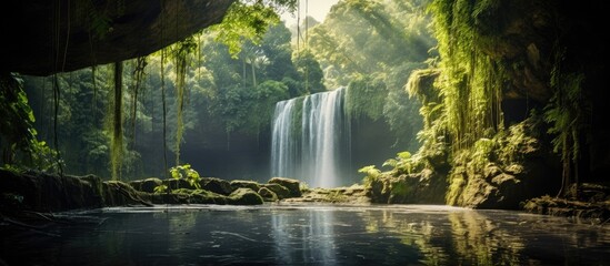 Sticker - waterfalls view with green nature. Creative banner. Copyspace image