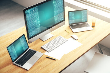 Poster - Modern computer monitor with circuit hologram. Research and development hardware concept. 3D Rendering