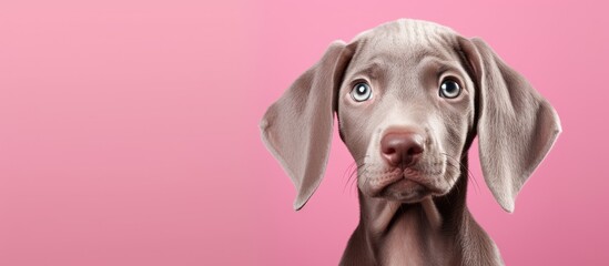 Poster - Cute Weimaraner puppy on a pink background. Creative banner. Copyspace image