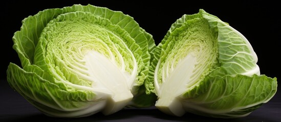 Poster - green cabbage cut in half. Creative banner. Copyspace image
