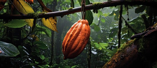 Poster - A cacao pod growing on a tree in Hawaii. Creative banner. Copyspace image