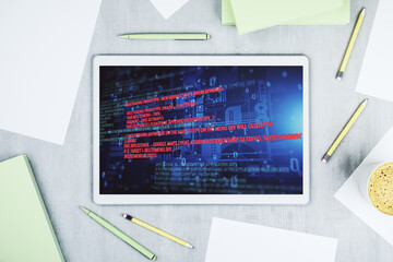 Aufkleber - Top view of modern digital tablet screen with abstract creative programming illustration, big data and blockchain concept. 3D Rendering
