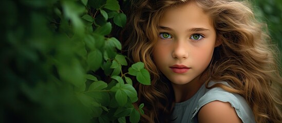 Poster - Little girl with green nature background. Creative banner. Copyspace image