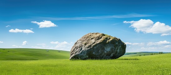 Poster - big shimmering stone on a background of blue sky and green grass. Creative banner. Copyspace image