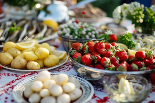 A close-up of a traditional Swedish smorgasbord filled with mouthwatering delicacies like pickled herring, boiled potatoes, and fresh strawberries