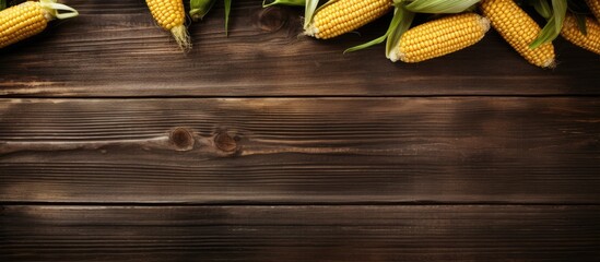 Canvas Print - Jagung Manis or Sweet Corn on rustic wooden background Top view. Creative banner. Copyspace image