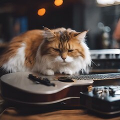 Canvas Print - AI generated illustration of a cat lounging on guitar with computer in the background