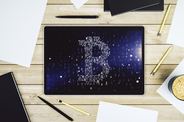 Aufkleber - Top view of modern digital tablet screen with creative Bitcoin symbol hologram. Mining and blockchain concept. 3D Rendering