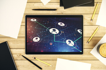 Poster - Modern digital tablet display with social network media concept. Top view. 3D Rendering