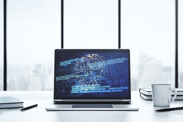 Poster - Modern computer monitor with creative code skull hologram. Malware and cyber crime concept. 3D Rendering