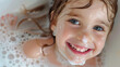 © น้ำฝน สามารถ - A cheerful 3 to 5-year-old girl with soap foam on her face, smiling widely post face wash. The image exudes innocence and happiness. Captured with AI generative techniques.