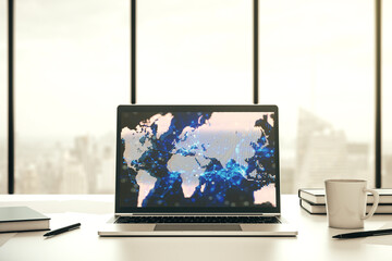 Poster - Abstract digital world map on modern computer monitor, big data and blockchain concept. 3D Rendering