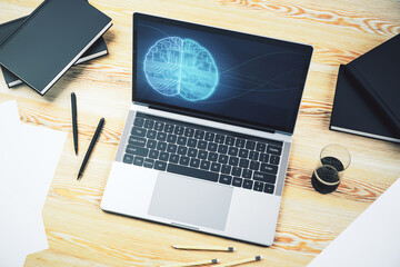 Poster - Creative artificial Intelligence concept with human brain hologram on modern laptop screen. 3D Rendering