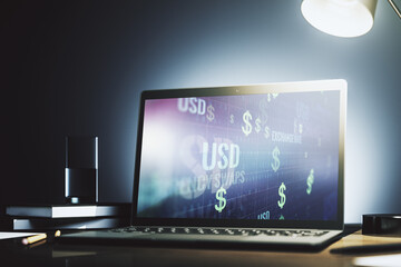 Poster - Creative concept of USD symbols illustration on modern laptop screen. Trading and currency concept. 3D Rendering