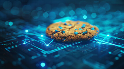 This dramatic 4K image features a cookie against a blue internet background, representing a coding and programming environment. Ideal for illustrating digital concepts. Enhanced with AI generative.