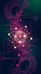Digital illustration of an atom with pink and yellow lines on a dark blue background