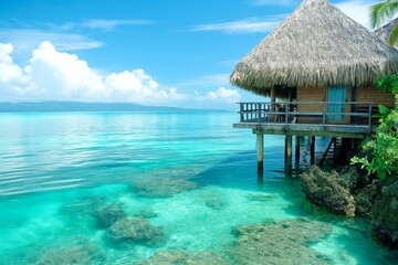 Wall Mural - Romantic seascape with waterfront bungalows perched on columns, straw roofs, and turquoise sea.