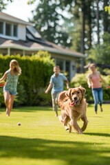 Children and their joyful dog play catch in the sunny residential yard, embodying summer fun.