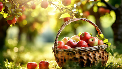 Wall Mural - Fresh apples in a basket with apple trees in background, sunny day