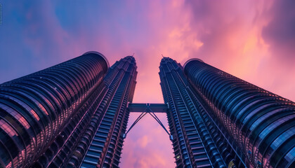 Wide angle view of the PETRONAS twin towers in the sunset view